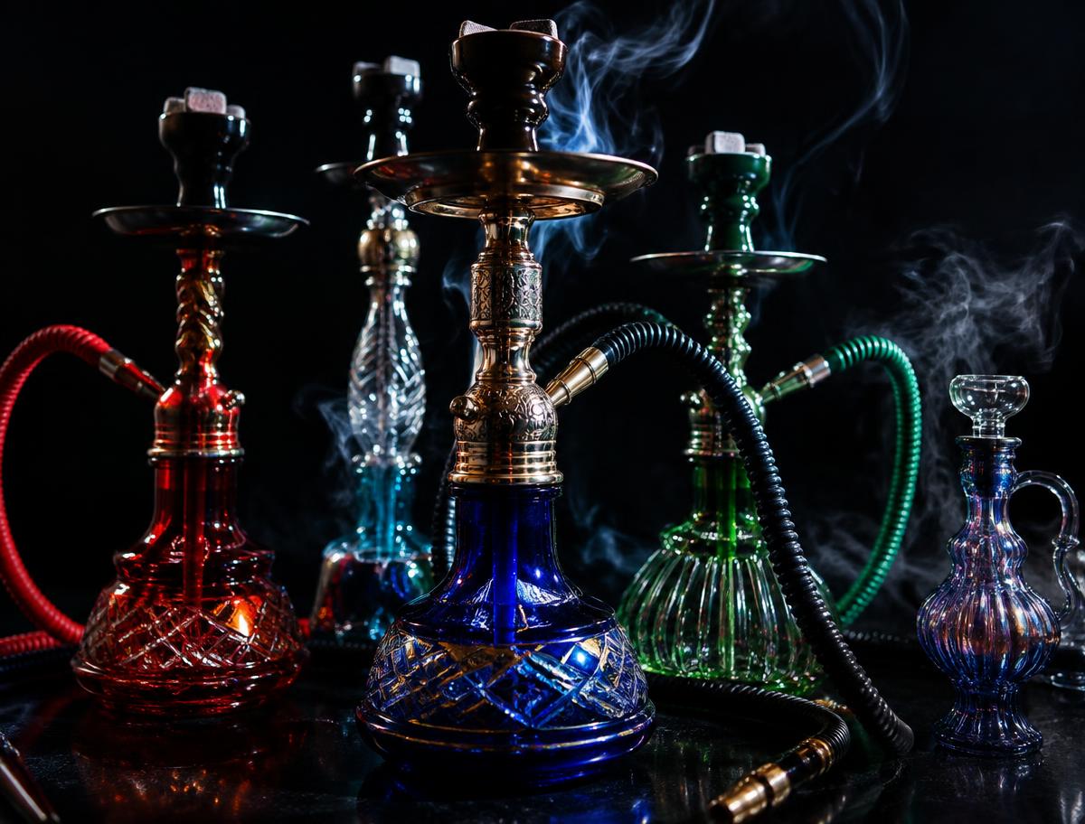 Colorful glass hookahs with smoke drifting around them